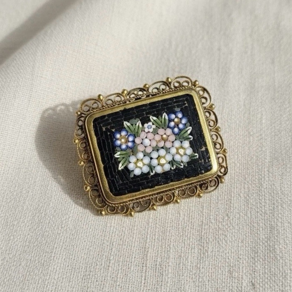 Vintage Italian Micro Mosaic Floral Brooch Gold Filigree Frame Signed ITALY 1.75